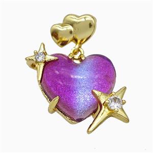 Hotpink Resin Heart Pendant Copper Star Pave Zirconia Gold Plated, approx 20mm, 10-12mm