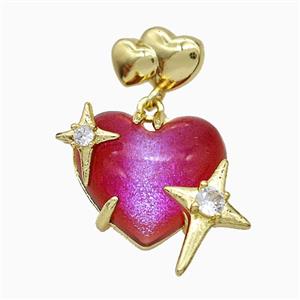 Red Resin Heart Pendant Copper Star Pave Zirconia Gold Plated, approx 20mm, 10-12mm