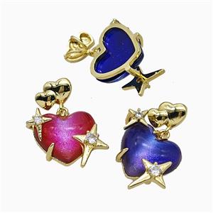 Resin Heart Pendant Copper Star Pave Zirconia Gold Plated Mixed, approx 20mm, 10-12mm