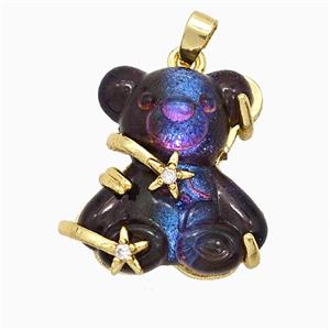 Black Resin Bear Pendant Copper Star Pave Zirconia Gold Plated, approx 20mm