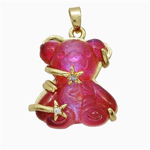 Red Resin Bear Pendant Copper Star Pave Zirconia Gold Plated, approx 20mm