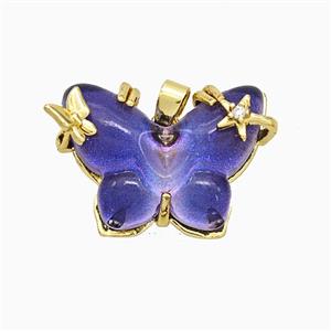 Purple Resin Butterfly Pendant Copper Star Pave Zirconia Gold Plated, approx 20-26mm