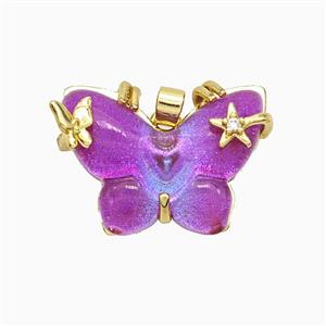 Hotpink Resin Butterfly Pendant Copper Star Pave Zirconia Gold Plated, approx 20-26mm