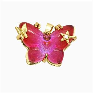 Red Resin Butterfly Pendant Copper Star Pave Zirconia Gold Plated, approx 20-26mm