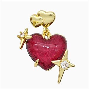 Red Resin Heart Pendant Copper Star Pave Zirconia Gold Plated, approx 20mm, 10-12mm