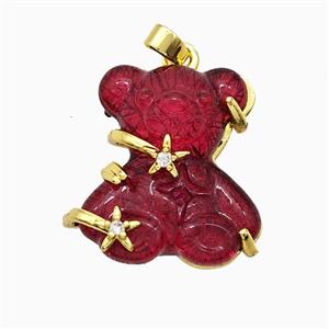 Red Resin Bear Pendant Copper Star Pave Zirconia Gold Plated, approx 20mm
