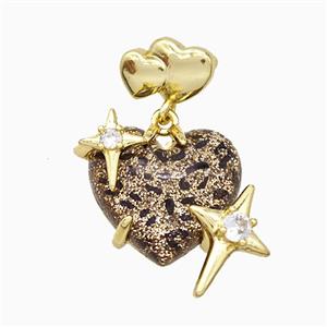 Coffee Resin Heart Pendant Copper Star Pave Zirconia Gold Plated, approx 20mm, 10-12mm