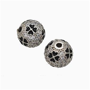 Copper Round Beads Pave Zirconia Black Enamel Clover Platinum Plated, approx 9.5mm