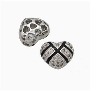 Copper Heart Beads Pave Zirconia Black Enamel Platinum Plated, approx 10-12mm