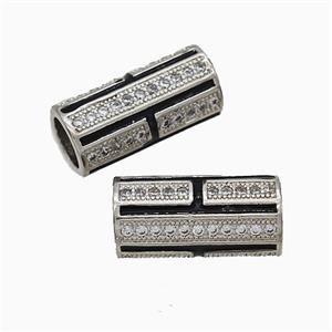 Copper Tube Beads Pave Zirconia Black Enamel Large Hole Platinum Plated, approx 9-19mm, 6mm hole