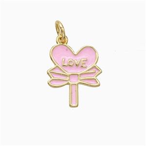 Copper Flower Pendant Love Heart Pink Enamel Gold Plated, approx 11-14mm