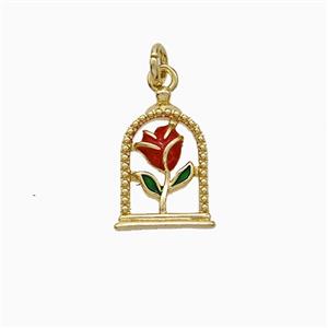 Copper Flower Pendant Red Enamel Gold Plated, approx 9-13mm