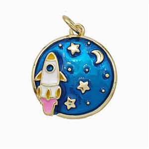 Rocket And Star Moon Charms Copper Pendant Blue Painted Gold Plated, approx 16.5mm
