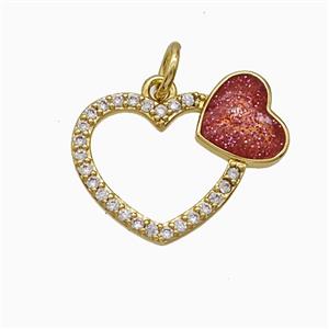 Copper Heart Pendant Pave Zirconia Red Painted Gold Plated, approx 12-17mm