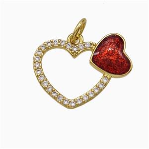 Copper Heart Pendant Pave Zirconia Red Painted Gold Plated, approx 12-17mm