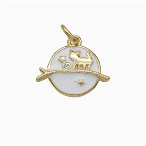 Halloween Cat And Broom Charms Copper Pendant White Enamel Gold Plated, approx 10.5mm