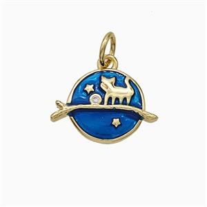Halloween Cat And Broom Charms Copper Pendant Blue Enamel Gold Plated, approx 10.5mm