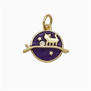 Halloween Cat And Broom Charms Copper Pendant Purple Enamel Gold Plated, approx 10.5mm
