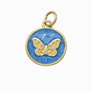 Copper Butterfly Pendant Blue Painted Circle Gold Plated, approx 12.5mm