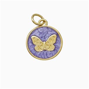 Copper Butterfly Pendant Purple Painted Circle Gold Plated, approx 12.5mm