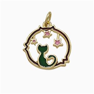 Halloween Cat Charms Copper Pendant Black Enamel Star Gold Plated, approx 14-15mm