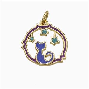 Halloween Cat Charms Copper Pendant Lavender Enamel Star Gold Plated, approx 14-15mm