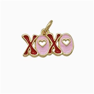 Copper XOXO Pendant Pink Red Enamel Gold Plated, approx 7-16mm