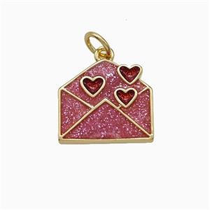 Copper Envelope Pendant Pink Painted Heart Gold Plated, approx 13-14mm
