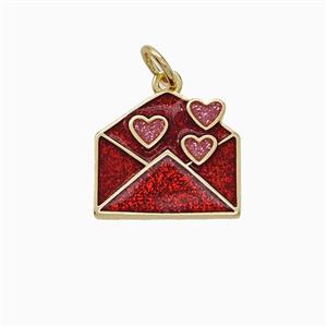 Copper Envelope Pendant Red Painted Heart Gold Plated, approx 13-14mm