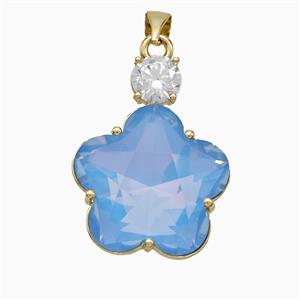 Blue Crystal Glass Flower Pendant Copper Gold Plated, approx 19-25mm