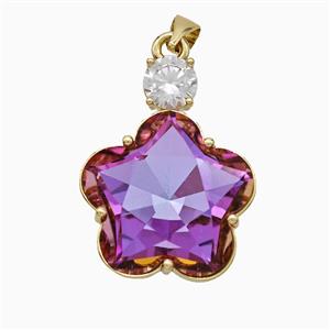 Fuchsia Crystal Glass Flower Pendant Copper Gold Plated, approx 19-25mm
