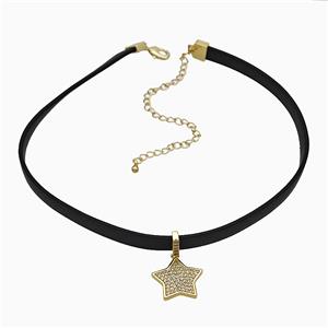 Black PU Leather Necklace With Copper Star Pave Zirconia, approx 18mm, 7mm, 30-40cm length