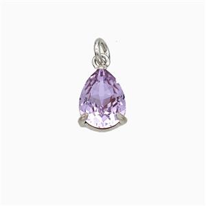 Purple Crystal Glass Teardrop Pendant Copper Platinum Plated, approx 6-8mm