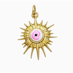 Copper Sun Pendant Pink Painted Eye Gold Plated, approx 16-18mm