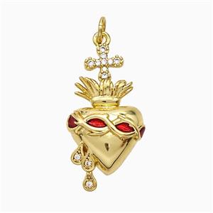 Copper Heart Cross Pendant Pave Zirconia Red Painted Gold Plated, approx 14-27mm