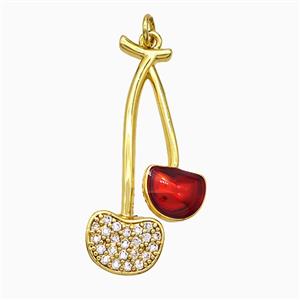 Copper Cherry Pendant Pave Zirconia Red Painted Gold Plated, approx 18-36mm