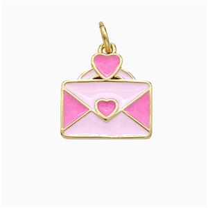 Copper Envelope Pendant Heart Pink Enamel Gold Plated, approx 12-13mm