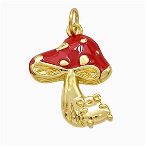 Copper Mushroom Pendant Red Enamel Gold Plated, approx 16-18mm