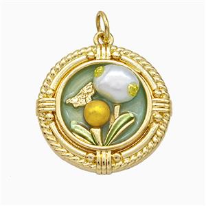 Copper Flower Pendant Pave Resin Painted Gold Plated, approx 20mm