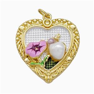 Copper Flower Pendant Pave Resin Painted Heart Gold Plated, approx 22mm
