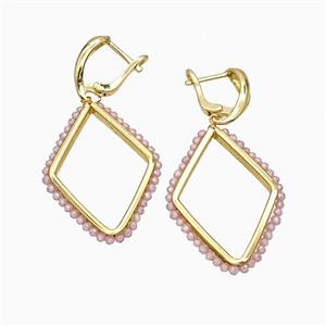 Copper Latchback Earrings Rhombus Crystal Glass Wire Wrapped Gold Plated, approx 26-36mm, 14-18mm