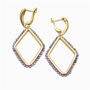 Copper Latchback Earrings Rhombus Crystal Glass Wire Wrapped Gold Plated, approx 26-36mm, 14-18mm