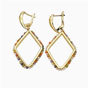 Copper Latchback Earrings Rhombus Crystal Glass Wire Wrapped Gold Plated, approx 26-36mm, 14-18mm