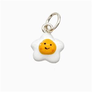Fried Egg Charms Copper Pendant Smiling White Yellow Enamel Platinum Plated, approx 11mm