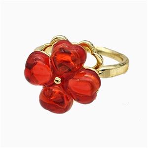 Copper Clover Rings Pave Red Acrylic Rotatable Gold Plated, approx 13-14mm, 18mm dia