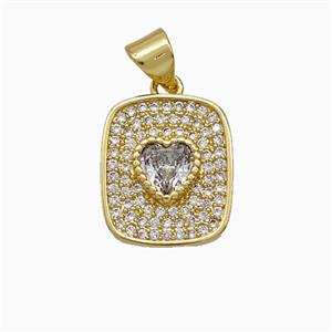 Copper Rectangle Heart Pendant Pave Zirconia Gold Plated, approx 12-14mm