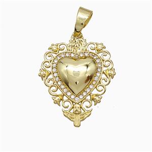 Copper Heart Pendant Pave Zirconia Gold Plated, approx 20-25mm