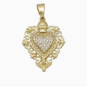 Copper Heart Pendant Pave Zirconia Gold Plated, approx 20-25mm