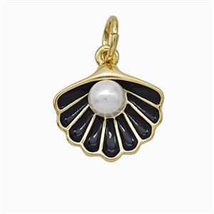 Scallop Shell Charms Copper Pendant Pave Resin Black Enamel Gold Plated, approx 12-14mm