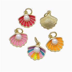 Scallop Shell Charms Copper Pendant Pave Resin Enamel Gold Plated Mixed, approx 12-14mm